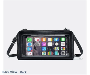 Detail view of the transparent touchscreen window on the back of this black leather bag