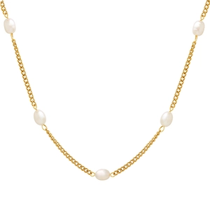 Gold plated titanium steel flat chain necklace with baroque freshwater pearls for women