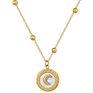 Minimalist titanium steel gold moon shell pendant necklace with beaded chain style