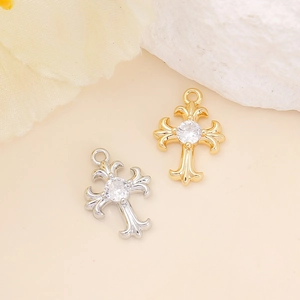 Ornate Cross Pendant Charm Inlaid Zircon Copper Metal For DIY Jewelry Making Necklace Bracelet Earring Vintage Style