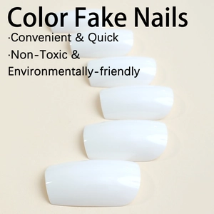 Glossy white rectangle press-on nails set in multiple sizes on beige background