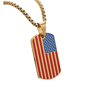 Golden stainless steel oval military pendant with American flag oil drip design on box chain