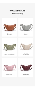 Multiple colors of woven leather crescent bags featuring distinct knotted shoulder straps