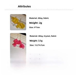 Detail showing oversized floral earrings with silk fabric petals and crystal accents