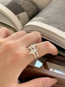 Close-up of S925 sterling silver star ring with minimalist double-line design on a hand