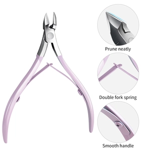 Detail of lavender manicure nipper showing sharp stainless blade and double fork spring