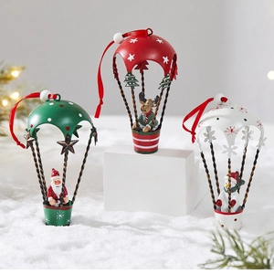 Detail of Christmas iron hot air balloon hanging ornaments with Santa and Reindeer