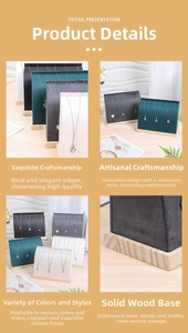 Detail of velvet necklace display stands with solid wood bases in multiple color options