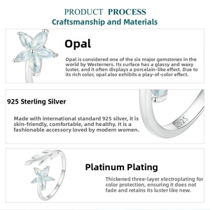 Detail of S925 sterling silver ring with opal flower and platinum plating process