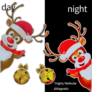 Magnetic Christmas reindeer car decal with honeycomb reflection shown in day and night contrast