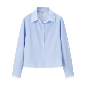 Women Light Blue Pinstripe Long Sleeve Shirt Lapel Cropped Blouse Backless Bow Tie Design