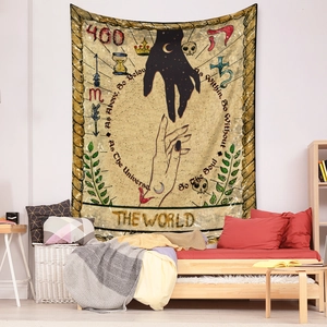 Detailed view of The World tapestry featuring occult hands and constellations in a bedroom