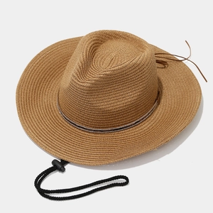 Brown woven straw Fedora sun hat with sparkling rhinestone band and adjustable chin strap