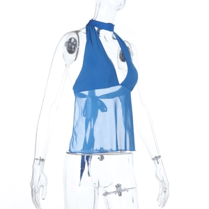 Detail view of blue mesh halter top showing sheer fabric and adjustable waist tie