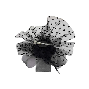 French vintage black mesh fascinator with white polka dots and metal hair clip