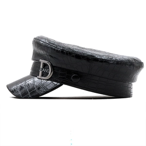 Black PU leather baker boy hat with crocodile texture and silver D-letter metal buckle