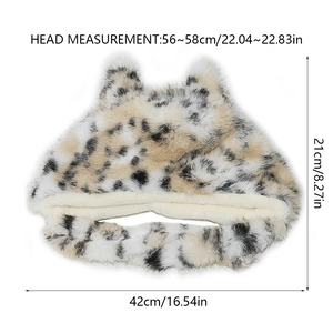 Detailed size chart showing head measurement for leopard faux fur cat ear hat