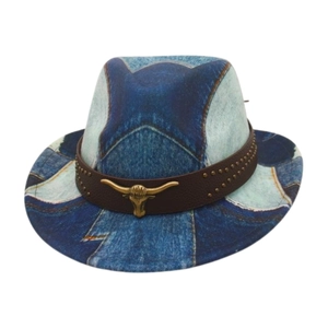 Cappello da cowboy per bambini in denim blu con teschio di toro e cinturino borchiato