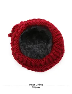 Detailed view of the thick faux fur lining inside the winter knitted hat for women