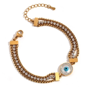 Three-layer 18K gold plated stainless steel bracelet with evil eye and square zircon