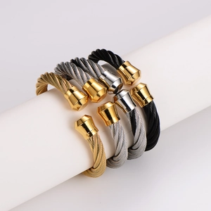 Minimalist stainless steel twisted cable open cuff bracelets in gold and silver finish