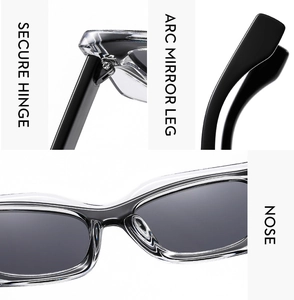 Detail view of square sunglasses showing secure metal hinges and ergonomic curved legs