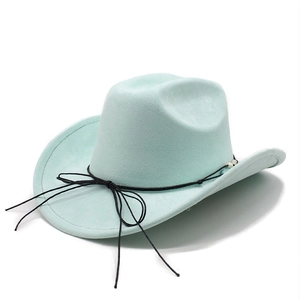 Detail of mint green suede western cowboy hat featuring black cord and white bead accents