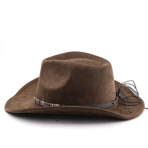 Detail of dark brown faux suede cowboy hat with colorful woven band and leather knot