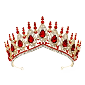 Luxurious Baroque bridal crown with red crystals and rhinestones in gold finish