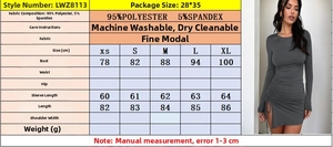 Size chart for slim fit long sleeve dress with fabric details and measurements in cm