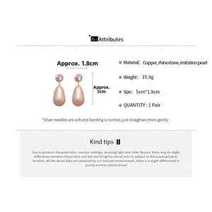 Detailed size and weight specs for pink teardrop pearl earrings with rhinestones