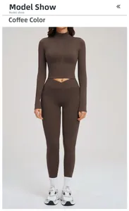 Detail of coffee yoga set featuring zip-up jacket and V-waist leggings on model