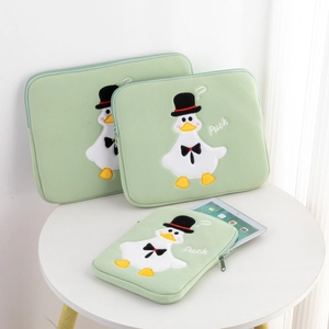 Cute embroidered duck tablet sleeve in light green canvas with protective padding