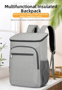 Detail of light grey waterproof oxford fabric cooler backpack with mesh side pockets