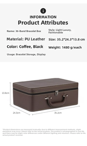 Detailed dimensions of the 36-slot coffee PU leather bracelet storage box with handle