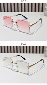Detail of rimless square sunglasses featuring sparkling crystal rhinestones and metal arms