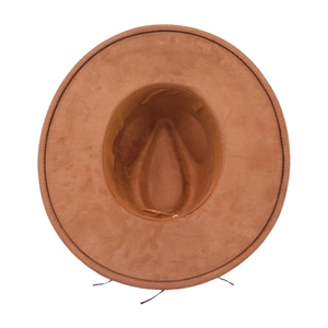 Top view of camel faux suede fedora hat with wide brim and detailed stitching accents
