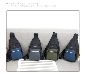 Waterproof nylon chest bags shown in blue, gray, army green, and navy blue options