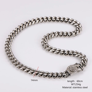 Detail view of 14mm stainless steel Cuban chain necklace with iced lion head clasp