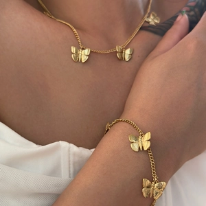 Golden butterfly dangle necklace and bracelet set in vintage titanium steel for women
