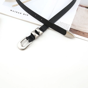 Minimalist black leather belt for women with silver horseshoe buckle and metal tip