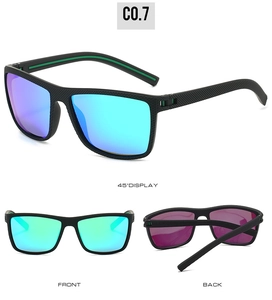 Polarized sports sunglasses with textured frames and multi-color lenses shown in three views