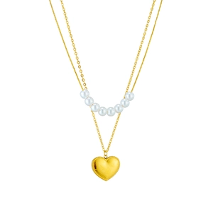 Double-layer gold necklace featuring white pearls and a 3D heart-shaped pendant design