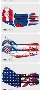 Detailed views of sun protection arm sleeves with US flag and basketball print patterns