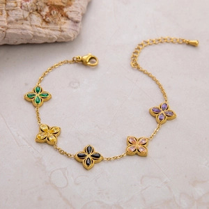 Gold 18k plated clover bracelet with colorful teardrop stones for women and girls