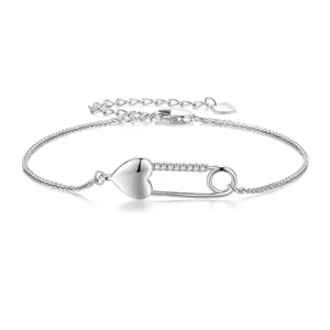 925 Sterling Silver Heart Safety Pin Bracelet For Women Adjustable Minimalist Rhinestone Pave Chain Bracelet Jewelry Gift