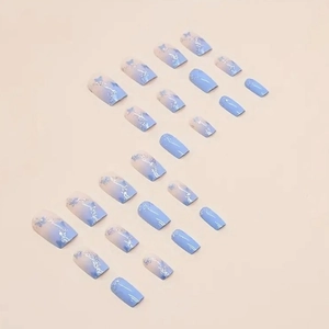 24pcs light blue and white gradient butterfly square press-on nails with floral patterns