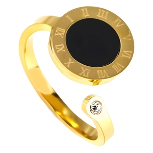 Elegant 18K gold plated Roman numeral open ring with black inlay and crystal accent