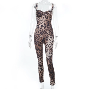 Close-up detail of leopard print pattern and elastic fabric on bodycon jumpsuit