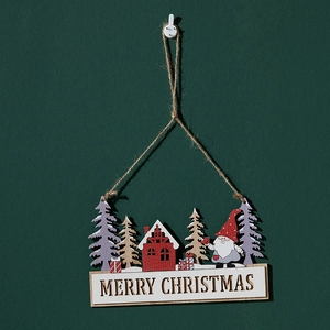 Hanging wooden Merry Christmas sign with Santa Claus, snow house and pine tree elements